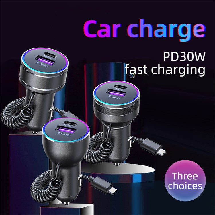 K16B RGB Light 12-24V Car Charger Adapter with PD 30W Type C Spring Cable