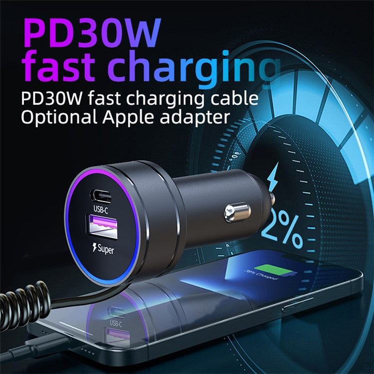 K16A Fast Car Charger with PD 30W Type C Spring Cable for iPhone / Huawei / Samsung