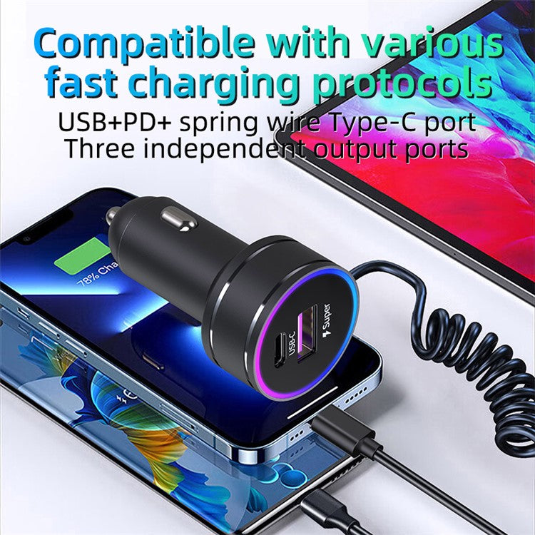 K16A Fast Car Charger with PD 30W Type C Spring Cable for iPhone / Huawei / Samsung