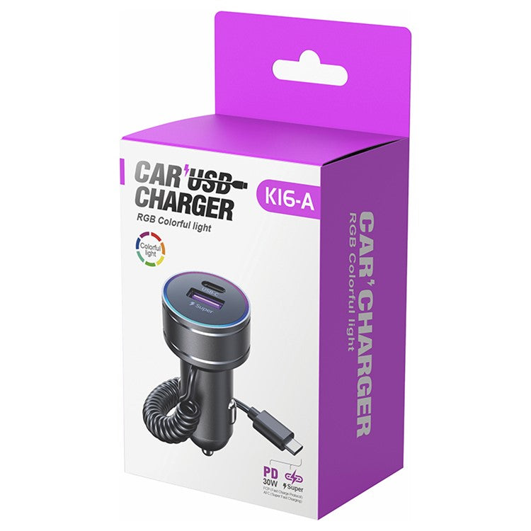 K16A Fast Car Charger with PD 30W Type C Spring Cable for iPhone / Huawei / Samsung