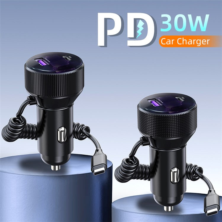 K18A USB+Type-C Dual Port Aluminum Alloy Car Charger with PD 30W Retractable Type-C Cable