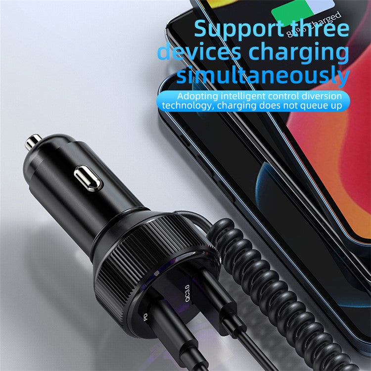 K18A USB+Type-C Dual Port Aluminum Alloy Car Charger with PD 30W Retractable Type-C Cable