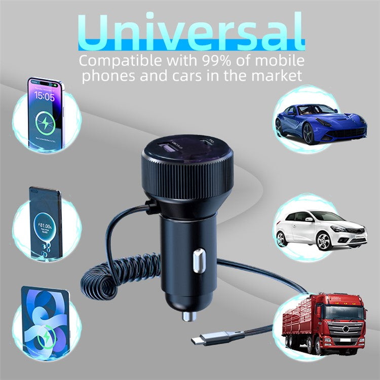 K18A USB+Type-C Dual Port Aluminum Alloy Car Charger with PD 30W Retractable Type-C Cable