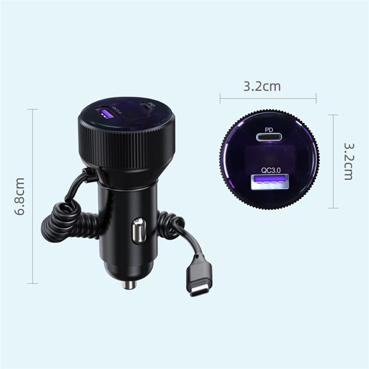 K18A USB+Type-C Dual Port Aluminum Alloy Car Charger with PD 30W Retractable Type-C Cable