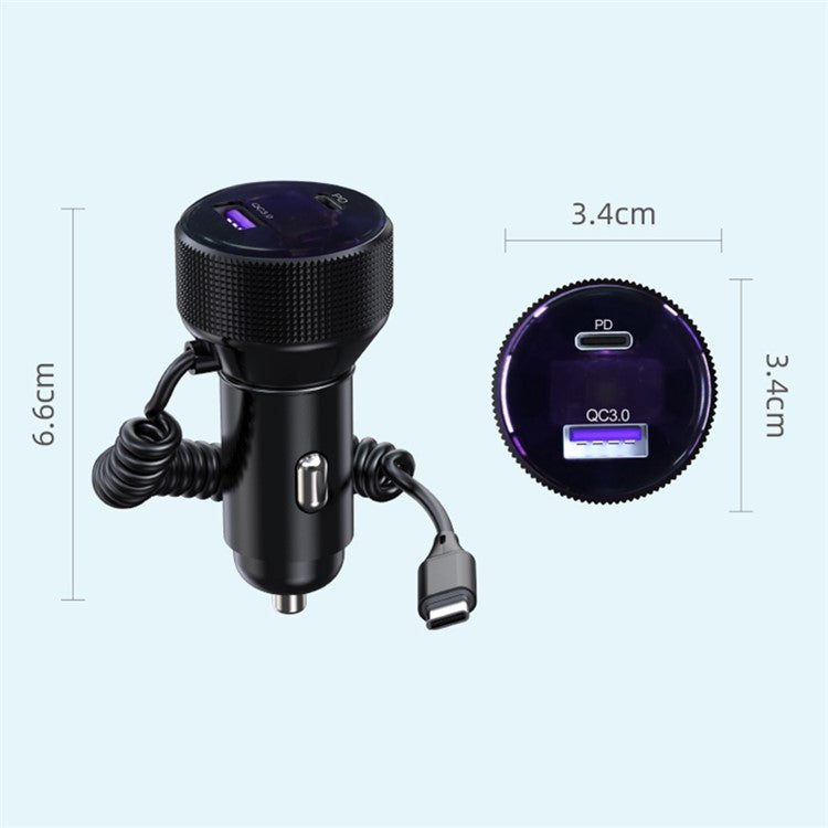 K18B 12-24V Car Charger USB+Type-C Dual Port Charging Adapter with PD 30W Type-C Spring Cable