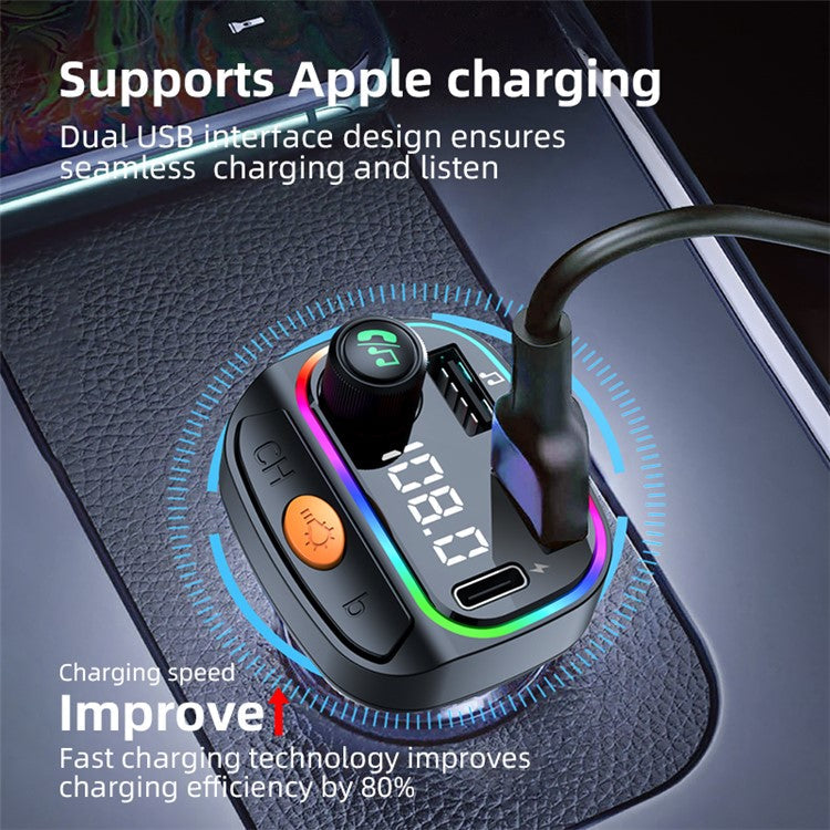 C2 Multifunctional Bluetooth MP3 Player Type-C+2 USB Car Charger with Ambient Light