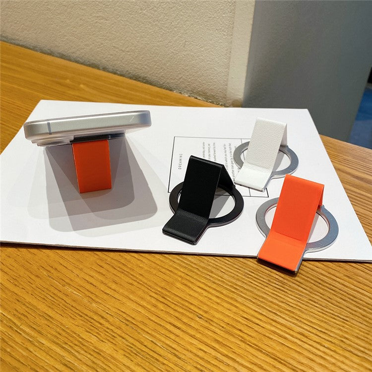 Alloy + PU Leather Kickstand Compatible with MagSafe Phone Holder - Silver / Orange