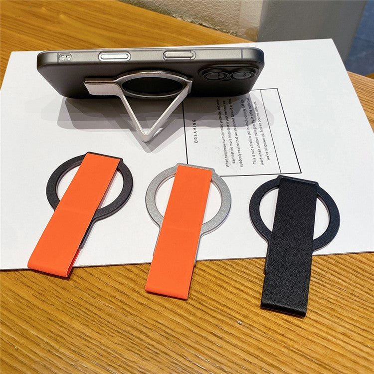 Alloy + PU Leather Kickstand Compatible with MagSafe Phone Holder - Black / Orange