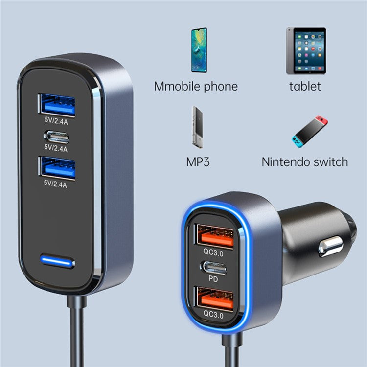 SC05 4 USB+2 Type-C Ports Phone Fast Charging Adapter Back Clip Design Extended Car Charger