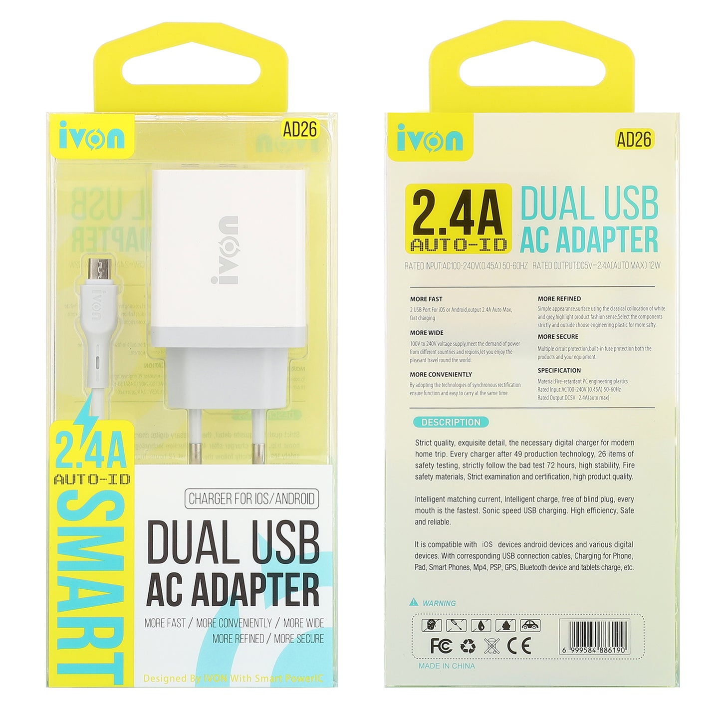 IVON AD26 12W Fast Charging Block 5V 2.4A Dual USB Port Wall Charger EU Plug with Micro USB Cable