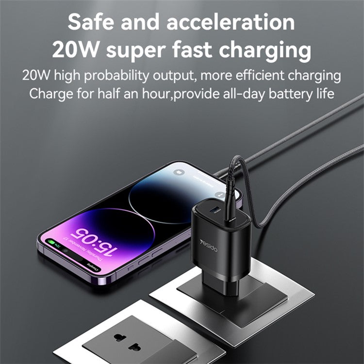 YESIDO YC56 20W EU Plug Wall Charger Adapter with Type-C Cable - Black