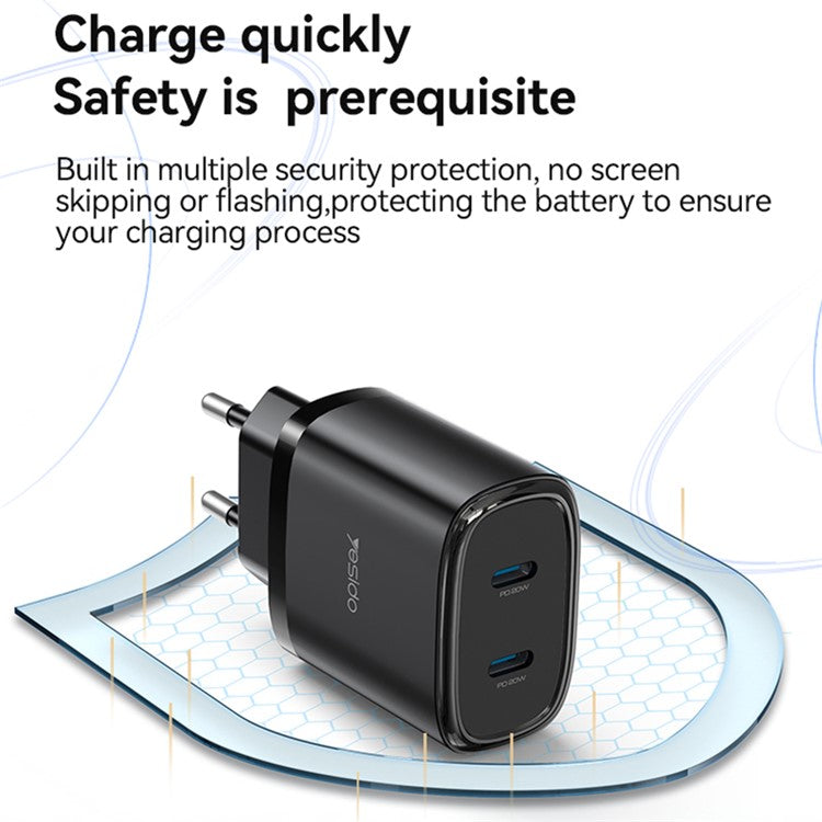 YESIDO YC56 20W EU Plug Wall Charger Adapter with Type-C Cable - Black