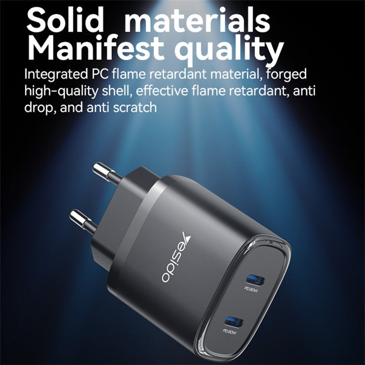 YESIDO YC56 20W EU Plug Wall Charger Adapter with Type-C Cable - Black