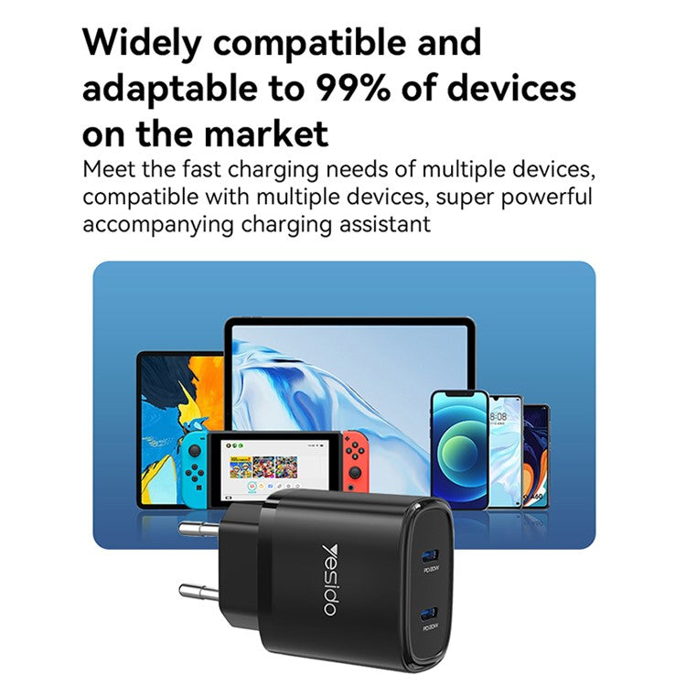 YESIDO YC56 20W EU Plug Wall Charger Adapter with Type-C Cable - Black