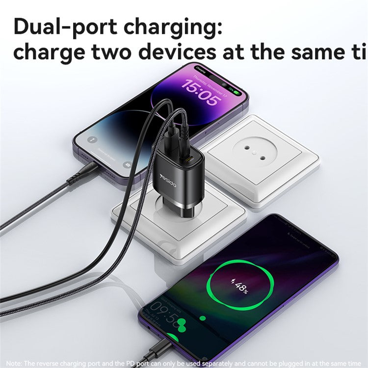 YESIDO YC52 30W EU Plug 3-Port Fast Charging Adapter Wall Charger with Type-C to iP Cable - Black