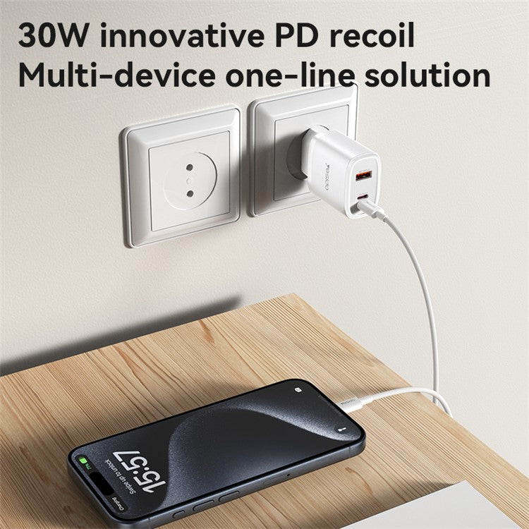 YESIDO YC52 30W EU Plug 3-Port Fast Charging Adapter Wall Charger with Type-C to 8-Pin Cable - White