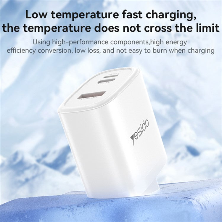 YESIDO YC52 30W EU Plug 3-Port Fast Charging Adapter Wall Charger with Type-C to 8-Pin Cable - White