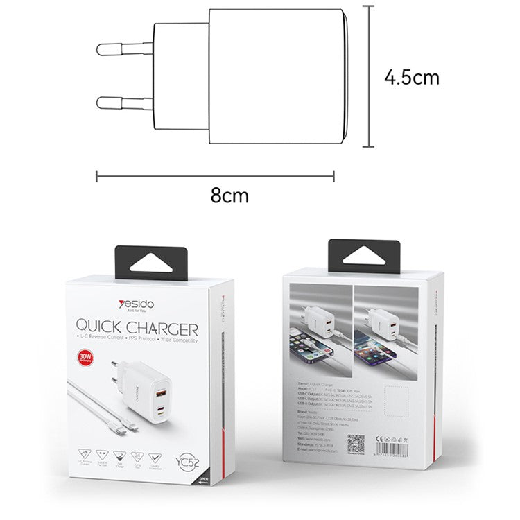 YESIDO YC52 30W EU Plug 3-Port Fast Charging Adapter Wall Charger with Type-C to 8-Pin Cable - White