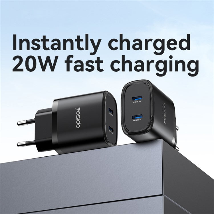 YESIDO YC54 20W EU Plug Dual Type-C Ports Charging Adapter Wall Charger with USB-C to iP Cable - Black