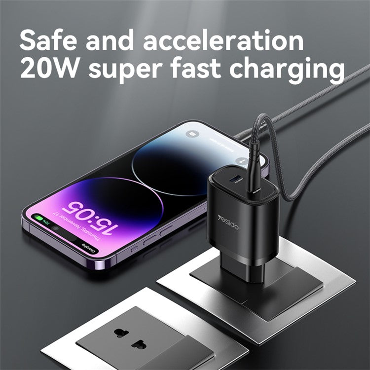 YESIDO YC54 20W EU Plug Dual Type-C Ports Charging Adapter Wall Charger with USB-C to iP Cable - Black