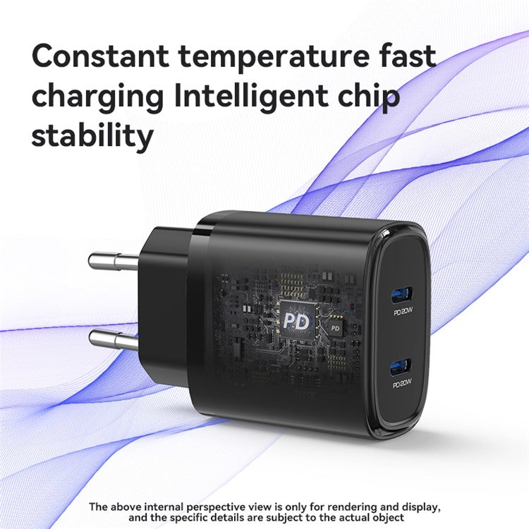YESIDO YC54 20W EU Plug Dual Type-C Ports Charging Adapter Wall Charger with USB-C to iP Cable - Black