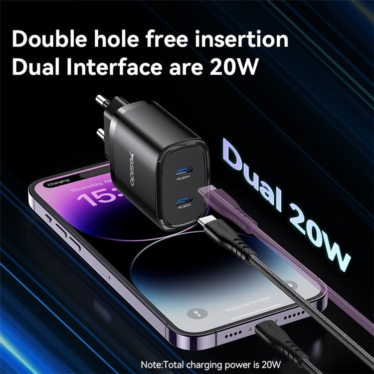 YESIDO YC54 20W EU Plug Dual Type-C Ports Charging Adapter Wall Charger with USB-C to iP Cable - Black