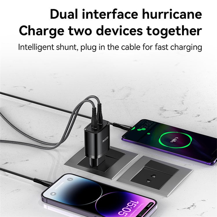 YESIDO YC54 20W EU Plug Dual Type-C Ports Charging Adapter Wall Charger with USB-C to iP Cable - Black