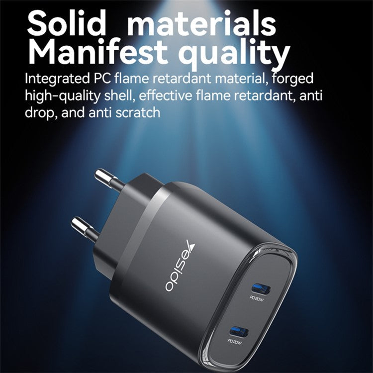 YESIDO YC54 20W EU Plug Dual Type-C Ports Charging Adapter Wall Charger with USB-C to iP Cable - Black