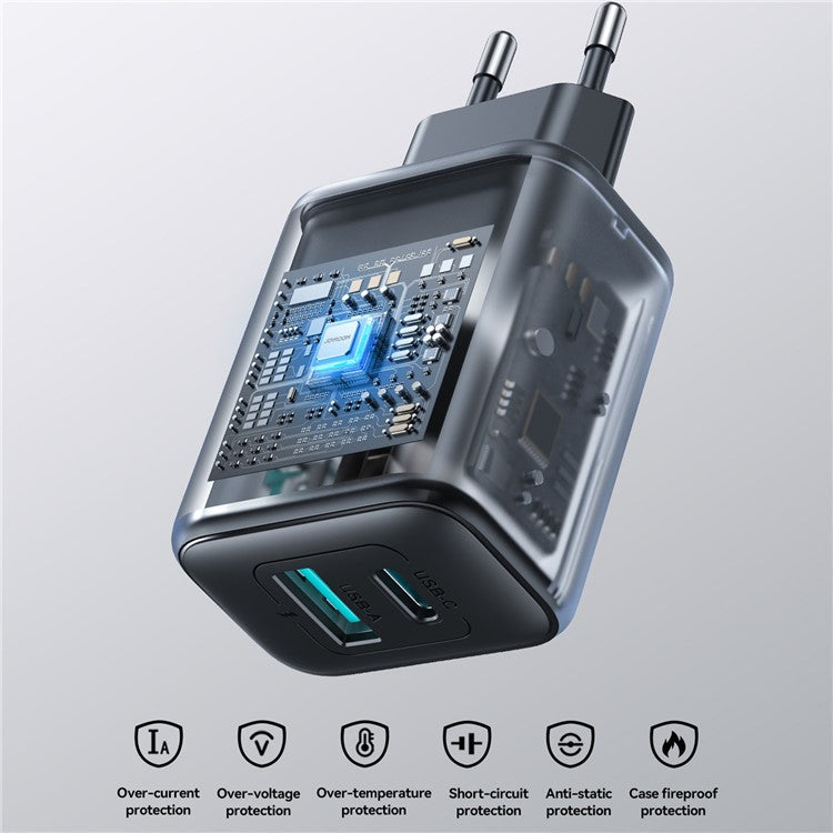 JOYROOM JR-TCF13 Phone Charger Type-C + USB-A Dual Port 25W Fast Charging Adapter for iPhone 16-15 Series , EU Plug