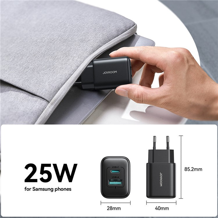 JOYROOM JR-TCF13 Phone Charger Type-C + USB-A Dual Port 25W Fast Charging Adapter for iPhone 16-15 Series , EU Plug