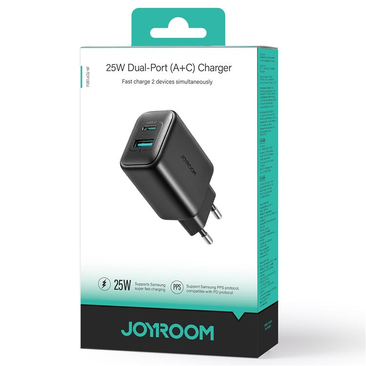 JOYROOM JR-TCF13 Phone Charger Type-C + USB-A Dual Port 25W Fast Charging Adapter for iPhone 16-15 Series , EU Plug