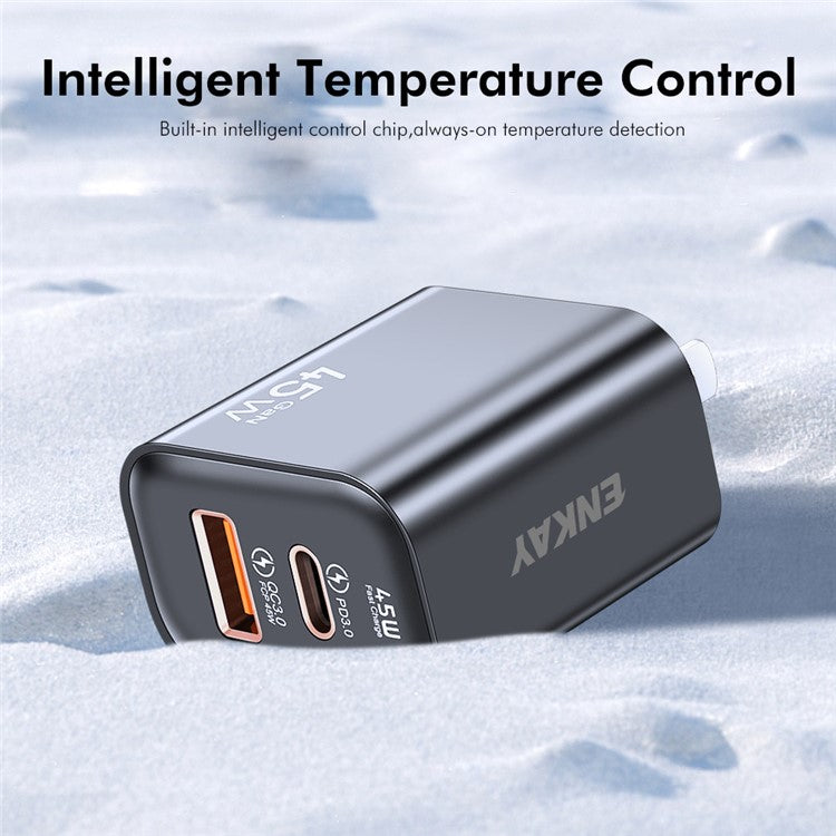 ENKAY ENK-FC001 45W USB-A + Type-C Dual Port Wall Charger Power Adapter - Black