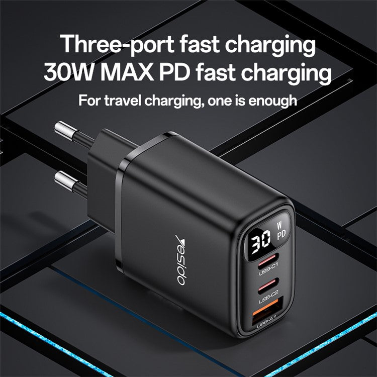 YESIDO YC69 Digital Display 30W Wall Charger 2 Type-C + 1 USB-A Phone Charging Adapter, EU Plug