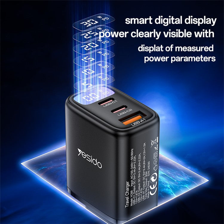 YESIDO YC69 Digital Display 30W Wall Charger 2 Type-C + 1 USB-A Phone Charging Adapter, EU Plug