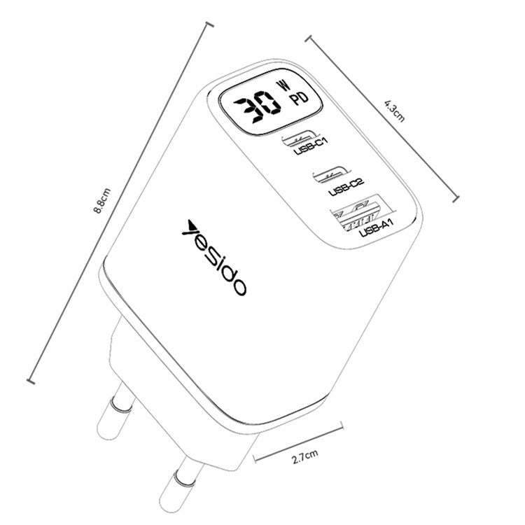 YESIDO YC69 Digital Display 30W Wall Charger 2 Type-C + 1 USB-A Phone Charging Adapter, EU Plug
