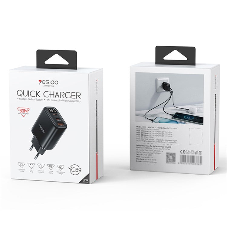 YESIDO YC69 Digital Display 30W Wall Charger 2 Type-C + 1 USB-A Phone Charging Adapter, EU Plug