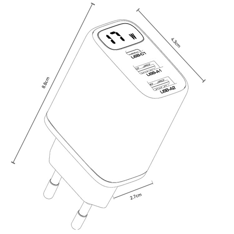 YESIDO YC67 Digital Display 17W Wall Charger 2 USB + 1 Type-C Phone Tablet Charging Adapter, EU Plug
