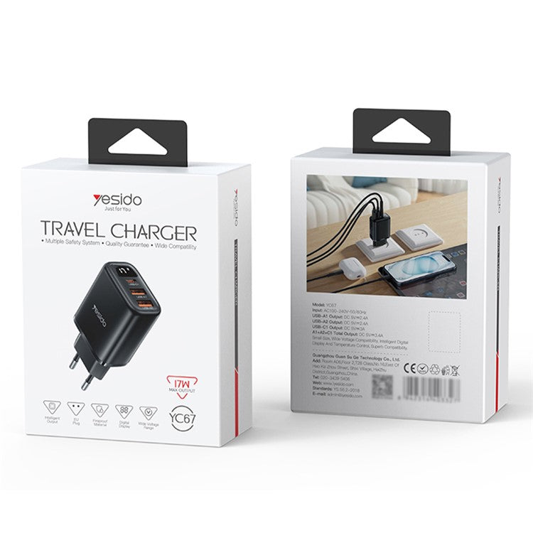 YESIDO YC67 Digital Display 17W Wall Charger 2 USB + 1 Type-C Phone Tablet Charging Adapter, EU Plug