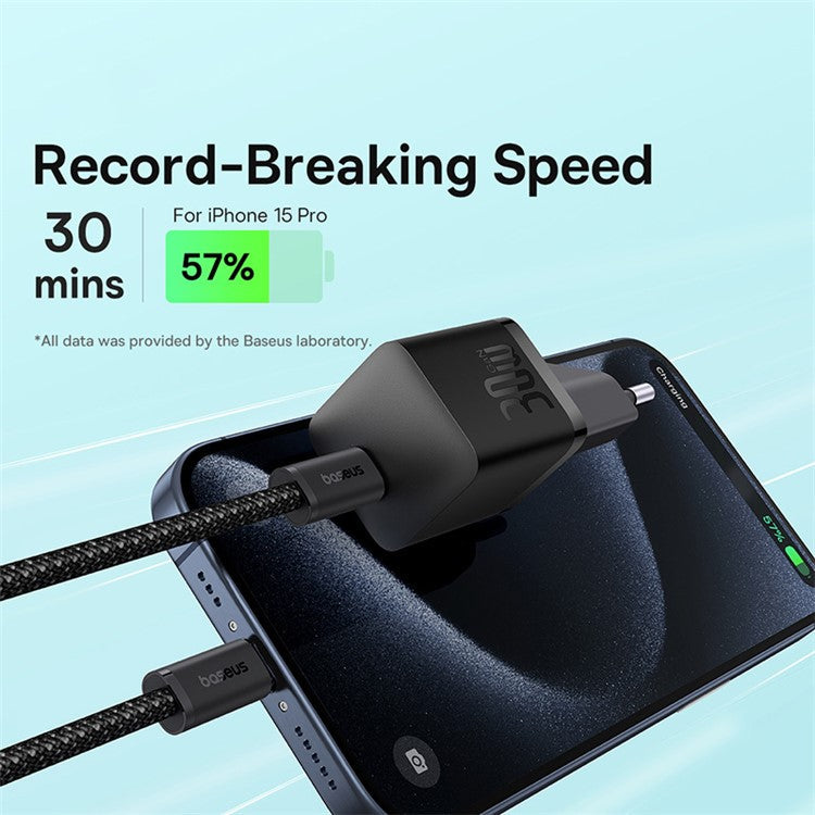 BASEUS GaN5 Fast Charger 30W Single Type-C Wall Charger EU Plug Adapter (Mini), with Type-C to Type-C Cable - Black