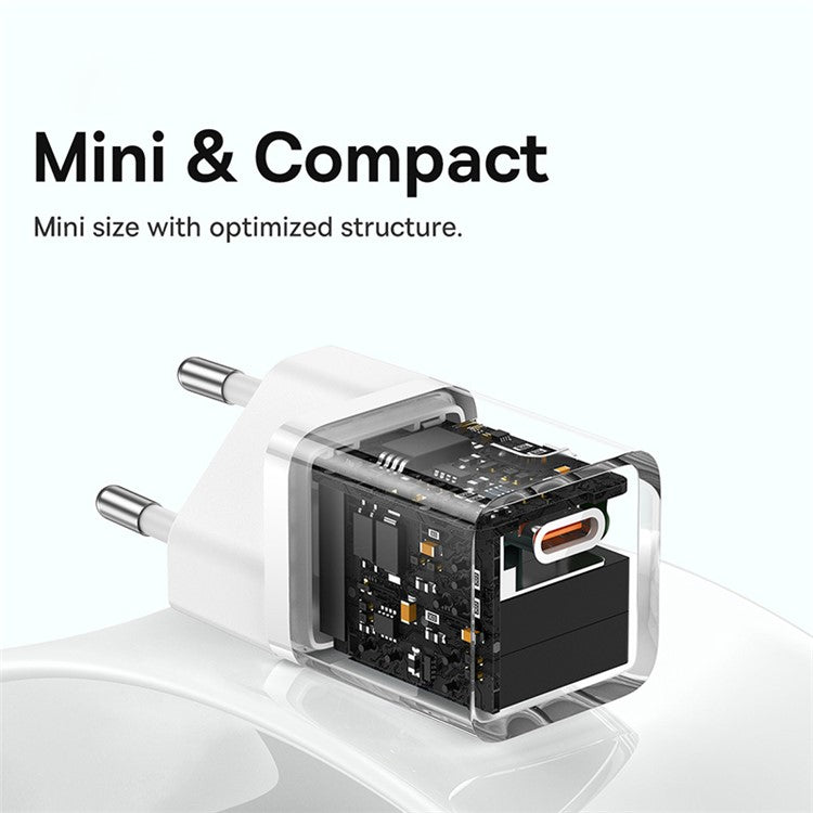 BASEUS GaN5 Fast Charger 30W Single Type-C Wall Charger EU Plug Adapter (Mini), with Type-C to Type-C Cable - White