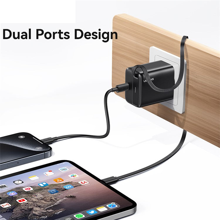 USAMS CC241 30W Type-C Charger GaN PD3.0+QC3.0 Power Adapter with Retractable Cable, EU Plug - White