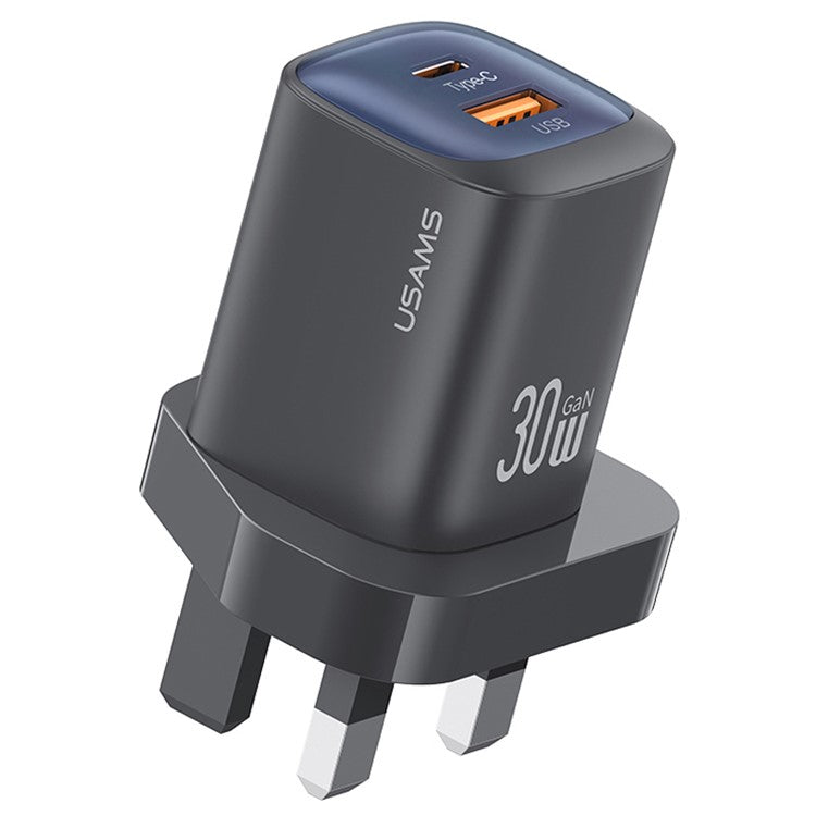 USAMS CC256 30W Dual Port GaN Charger Type-C + USB-A Fast Charging Adapter, UK Plug - Black