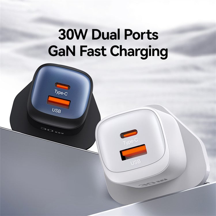 USAMS CC256 30W Dual Port GaN Charger Type-C + USB-A Fast Charging Adapter, UK Plug - Black
