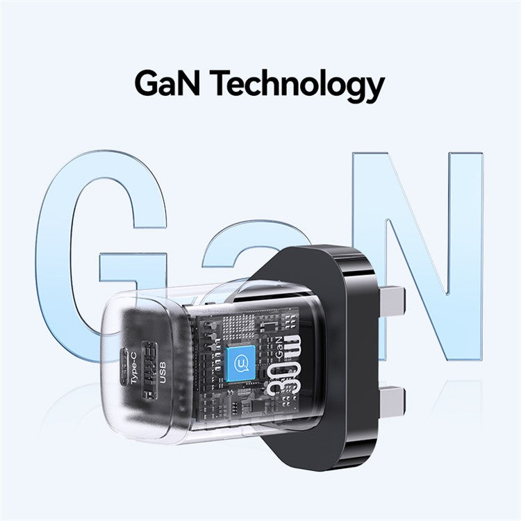 USAMS CC256 30W Dual Port GaN Charger Type-C + USB-A Fast Charging Adapter, UK Plug - Black