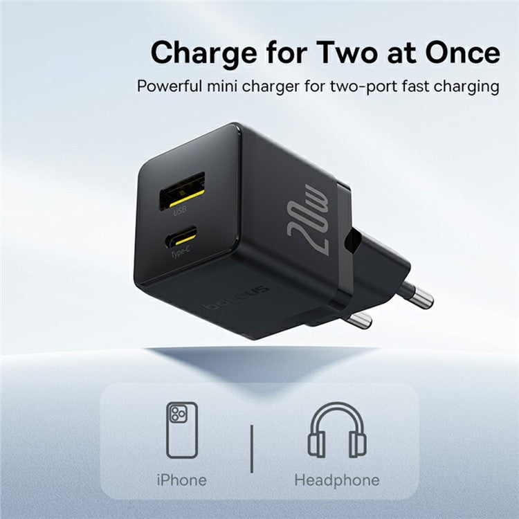 BASEUS Palm USB+Type-C Dual Port 20W Fast Charger EU Plug Wall Charging Adapter - Black