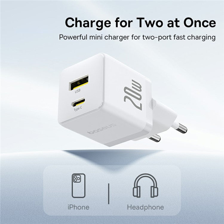 BASEUS Palm USB+Type-C Dual Port 20W Fast Charger EU Plug Wall Charging Adapter - White