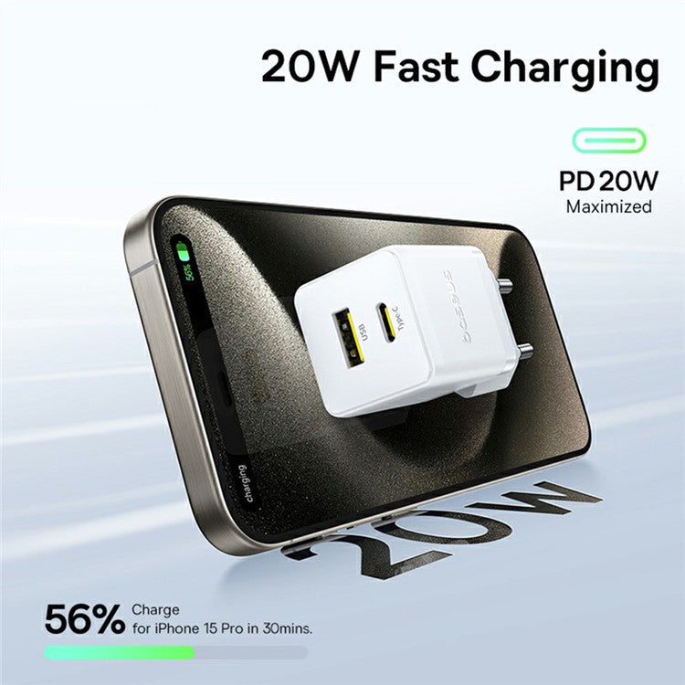 BASEUS Palm USB+Type-C Dual Port 20W Fast Charger EU Plug Wall Charging Adapter - White