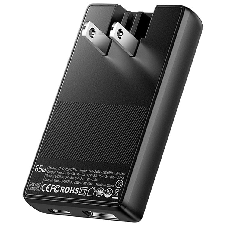 ESSAGER Type-C + USB-A Dual Port 65W Ultra Thin GaN Travel Charger with Detachable US Plug