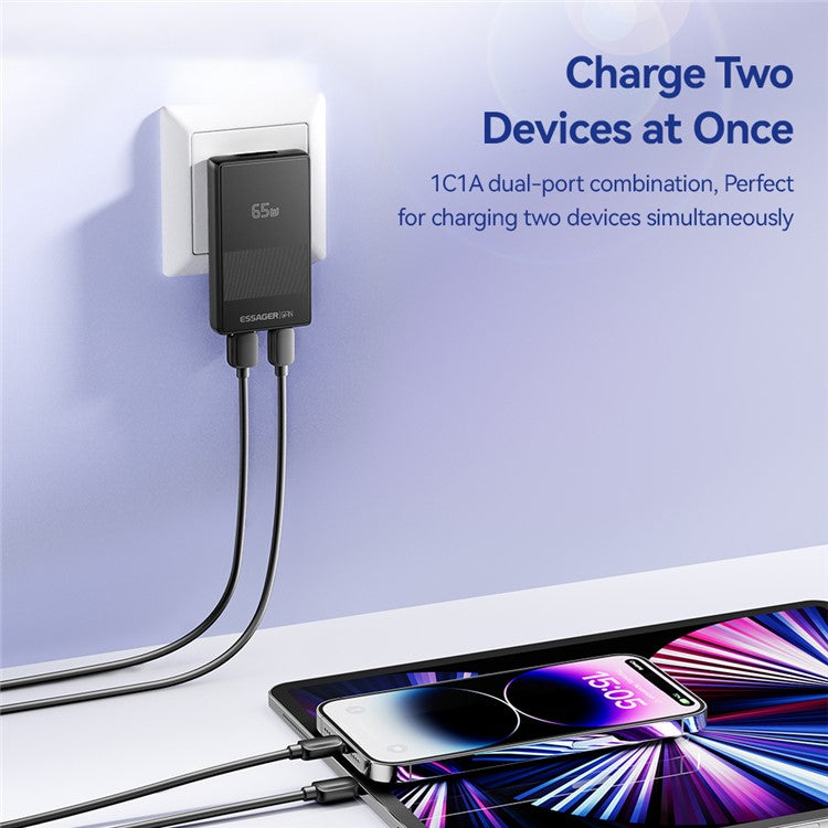 ESSAGER Type-C + USB-A Dual Port 65W Ultra Thin GaN Travel Charger with Detachable US Plug
