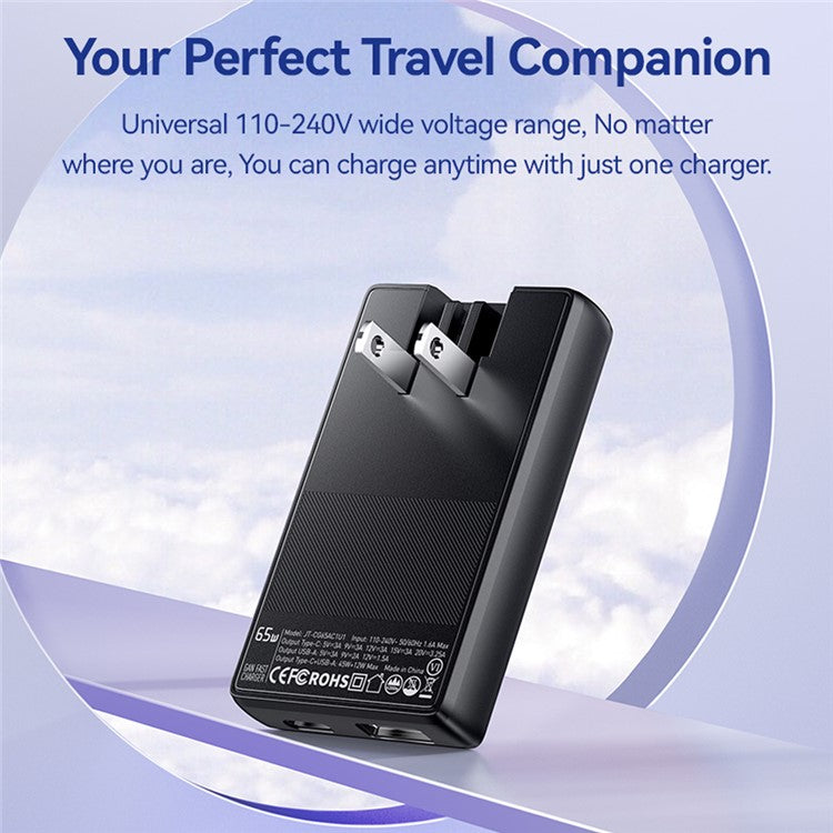 ESSAGER Type-C + USB-A Dual Port 65W Ultra Thin GaN Travel Charger with Detachable US Plug